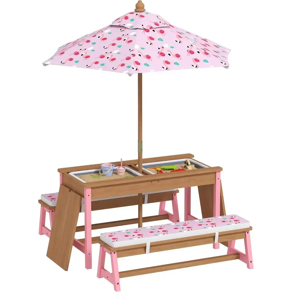 Kids Outdoor Umbrella - Wooden Picnic Table Set with Umbrella,