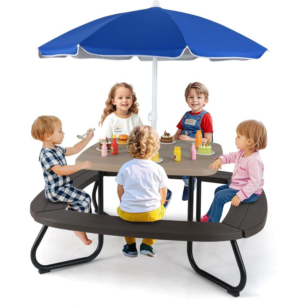 Kids Outdoor Bench With Umbrella - Kids Picnic Table, 8 Person Toddler