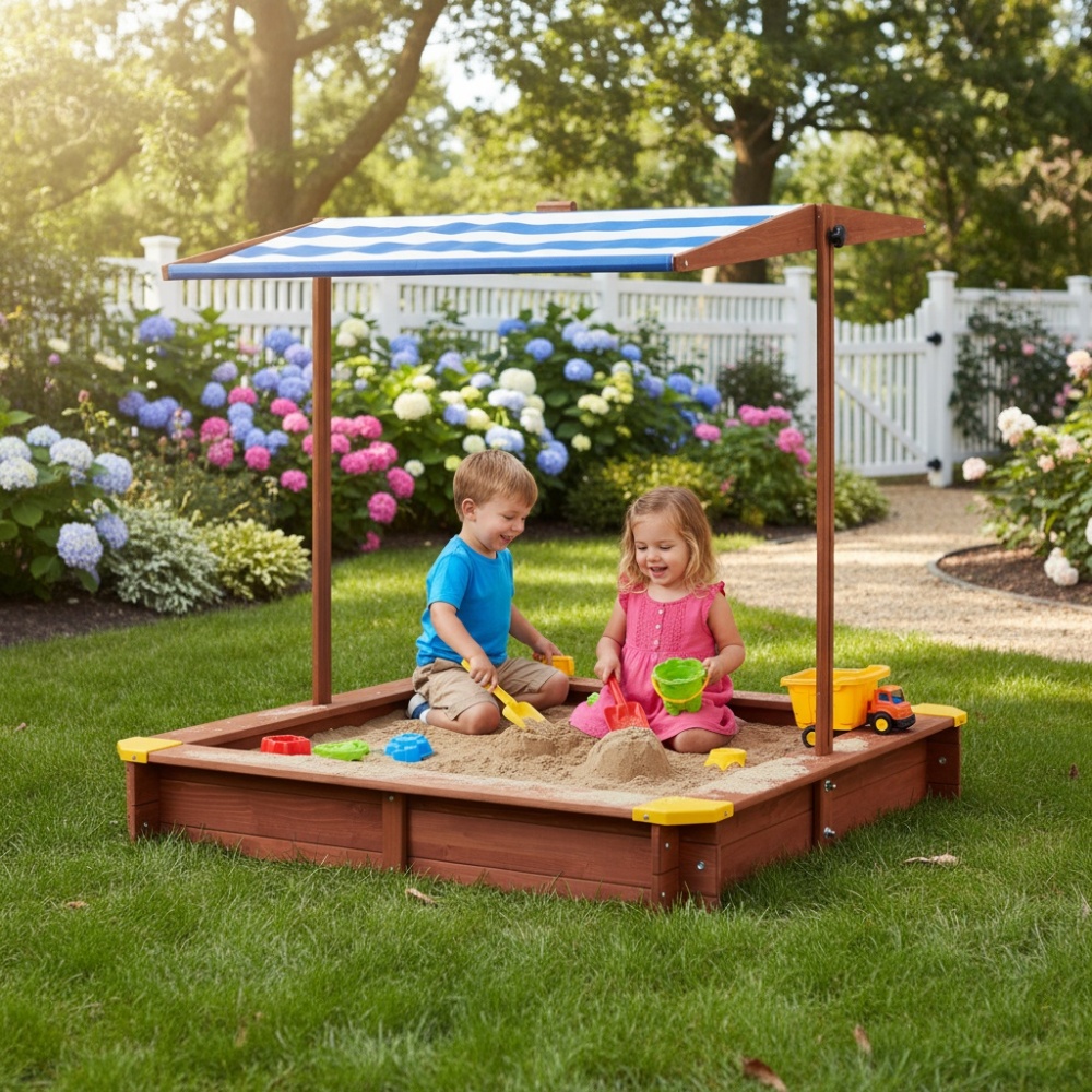 Kids Outdoor Umbrella - Wooden Kids Picnic Table, Sand and