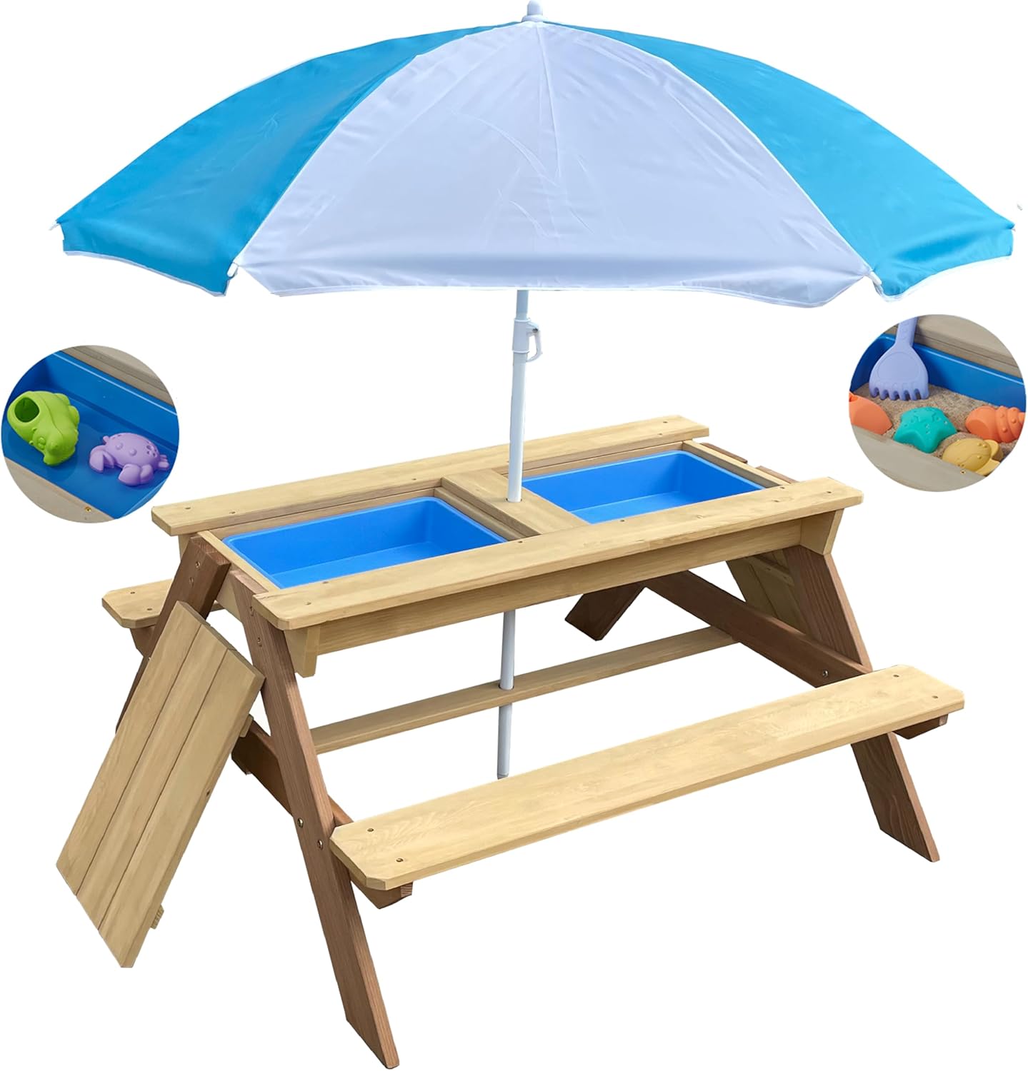 Kids Outdoor Bench With Umbrella - Kids 3-in-1 Sand Water Activity Table
