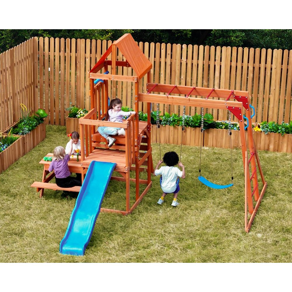 Kids Outdoor Monkey Bar Set - Playground Cedar Wooden Swing Sets for