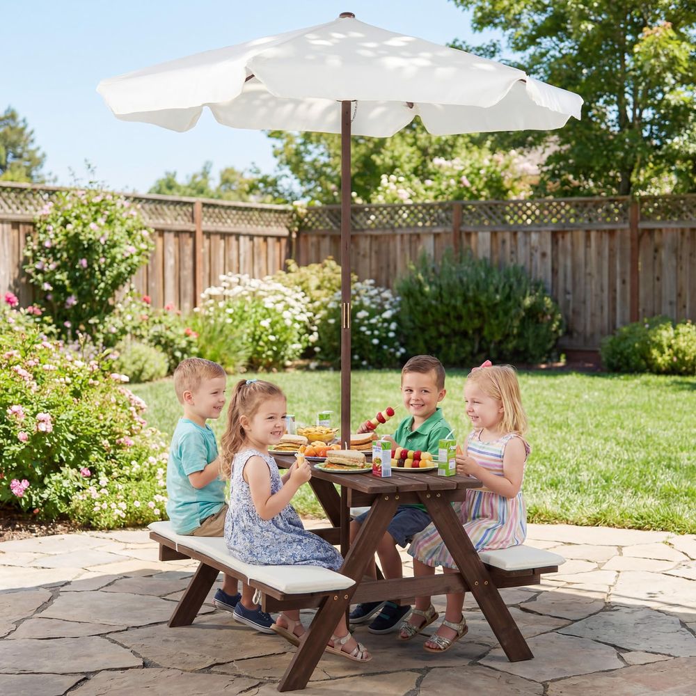 Kids Picnic Table, Outdoor Woo - Kids Outdoor Bench With Umbrella avaliação e preço