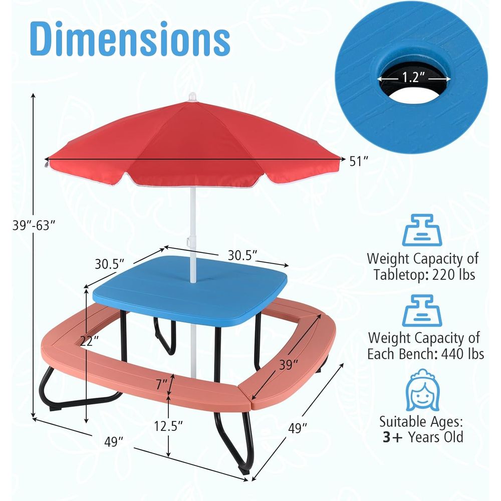 Kids Picnic Table, 8 Person To - Kids Outdoor Bench With Umbrella avaliação e preço