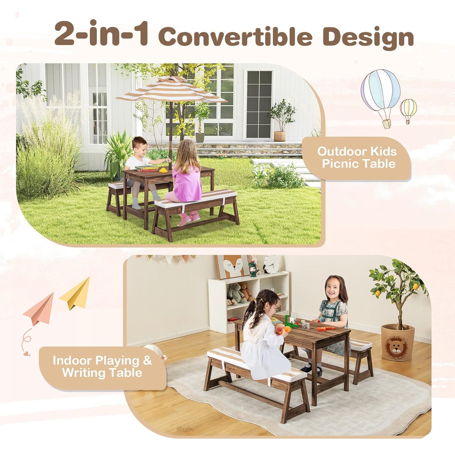 Kids Picnic Table, Outdoor Woo - Kids Outdoor Bench With Umbrella avaliação e preço