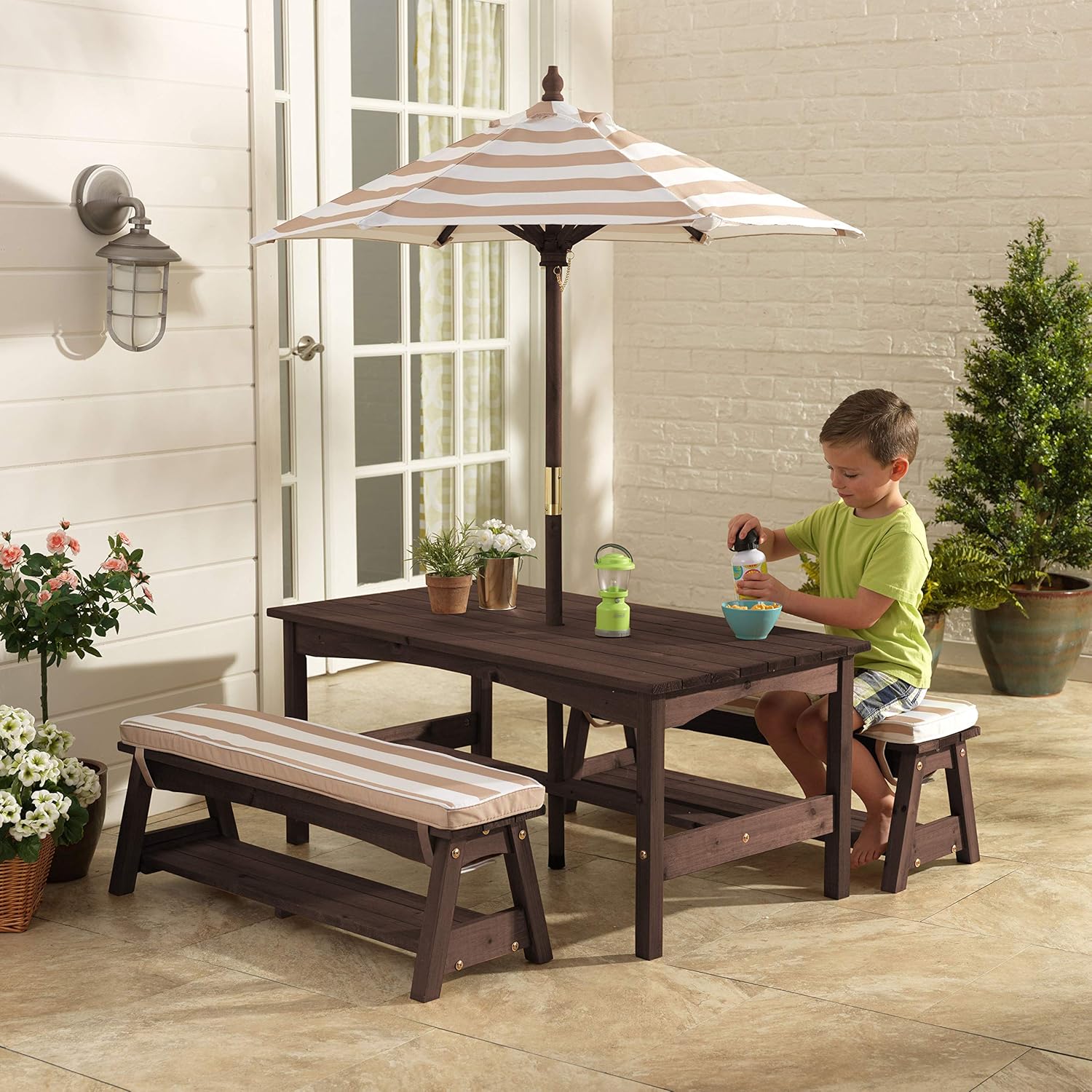 Outdoor Wooden Table & Bench S - Kids Outdoor Bench With Umbrella avaliação e preço