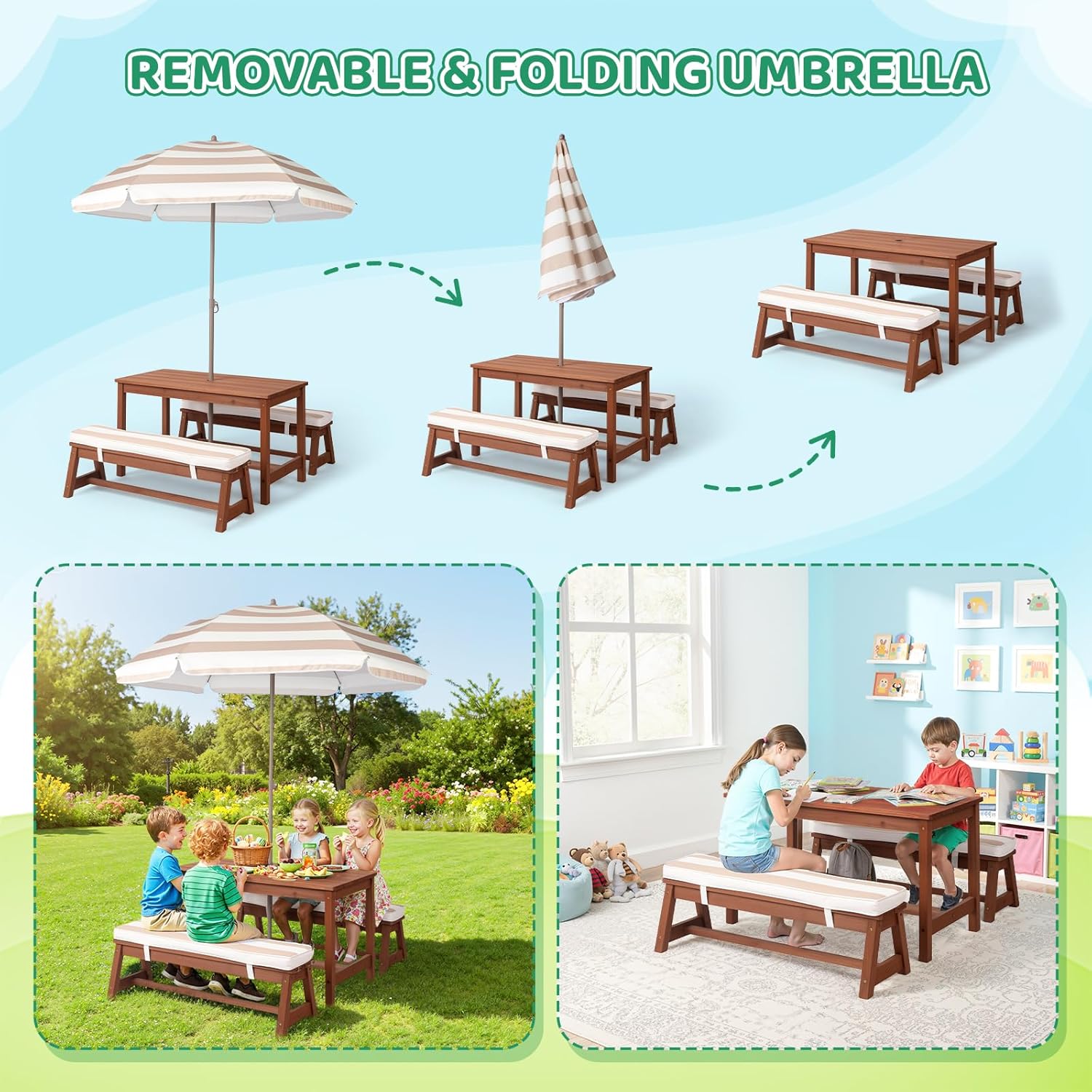 Kids Picnic Table Outdoor Wood - Kids Outdoor Bench With Umbrella avaliação e preço