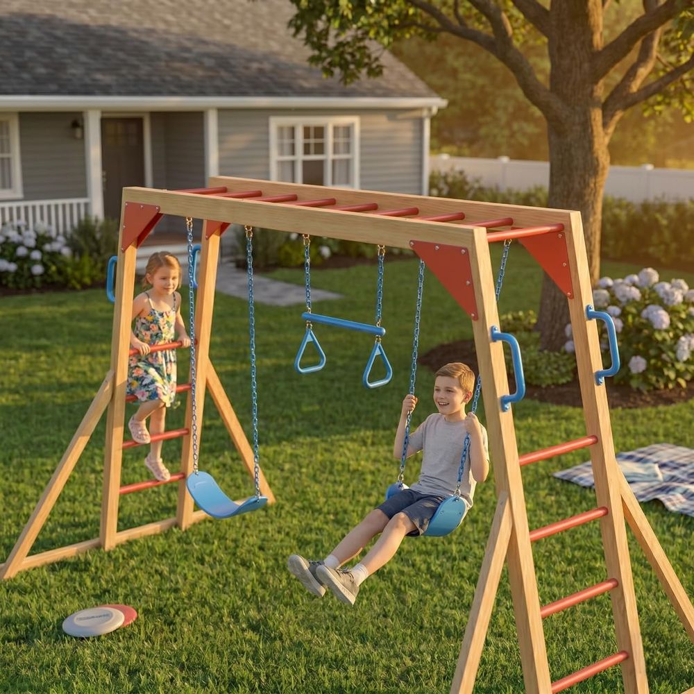 Wooden Swing Sets for Backyard - Kids Outdoor Wooden Playset avaliação e preço