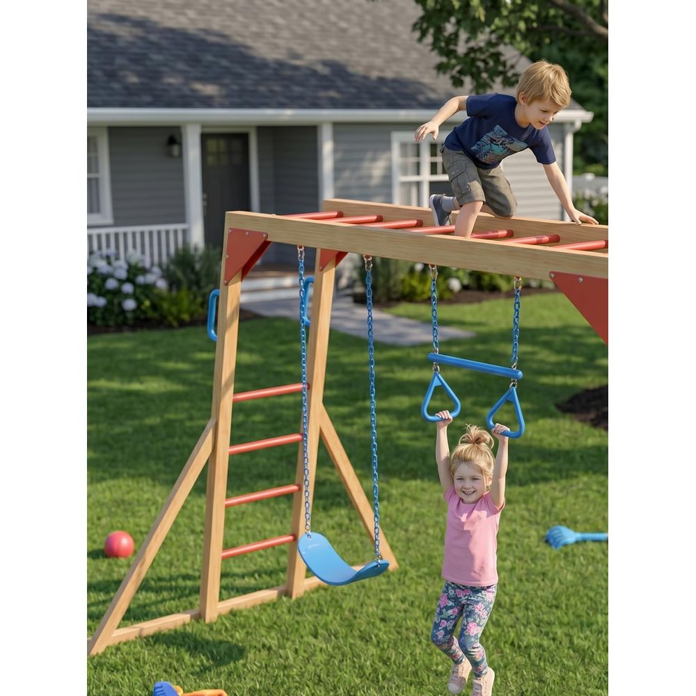 Wooden Swing Sets for Backyard - Kids Outdoor Wooden Playset avaliação e preço