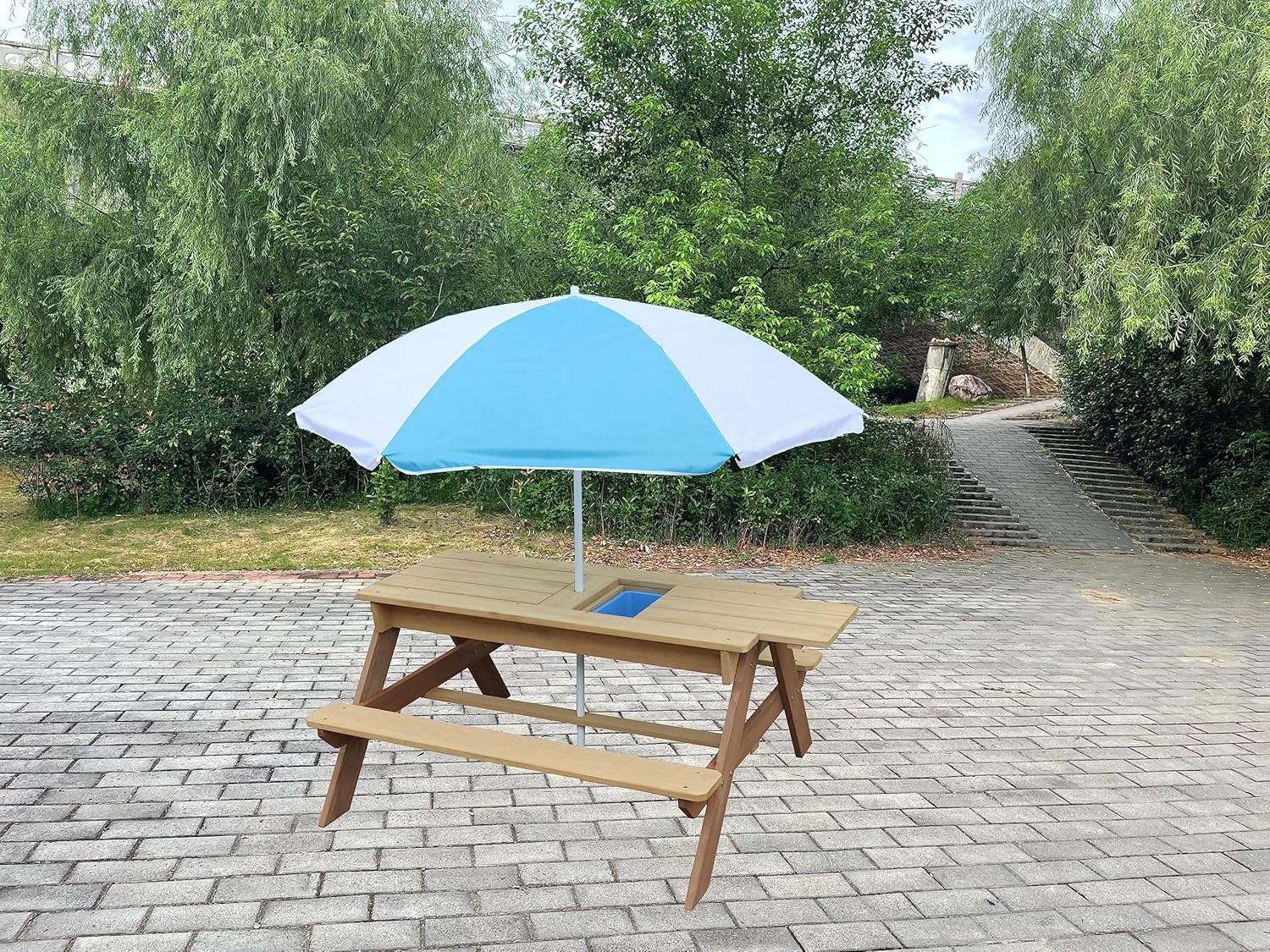 Kids 3-in-1 Sand Water Activit - Kids Outdoor Bench With Umbrella avaliação e preço